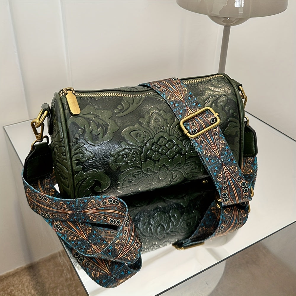 Boho-Chic Floral Embossed Crossbody & Shoulder Bag for Women | Elegant Retro Charm with Secure Zipper Closure, Perfect for Every Occasion
