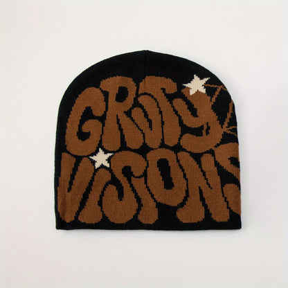 1pc Men's Funky "GRU VISION" Spider Web Knit Beanie - 100% Acrylic, Trendy Letter & Star Design in Multiple Colors, Soft & Stretchy Fabric for Casual Attire