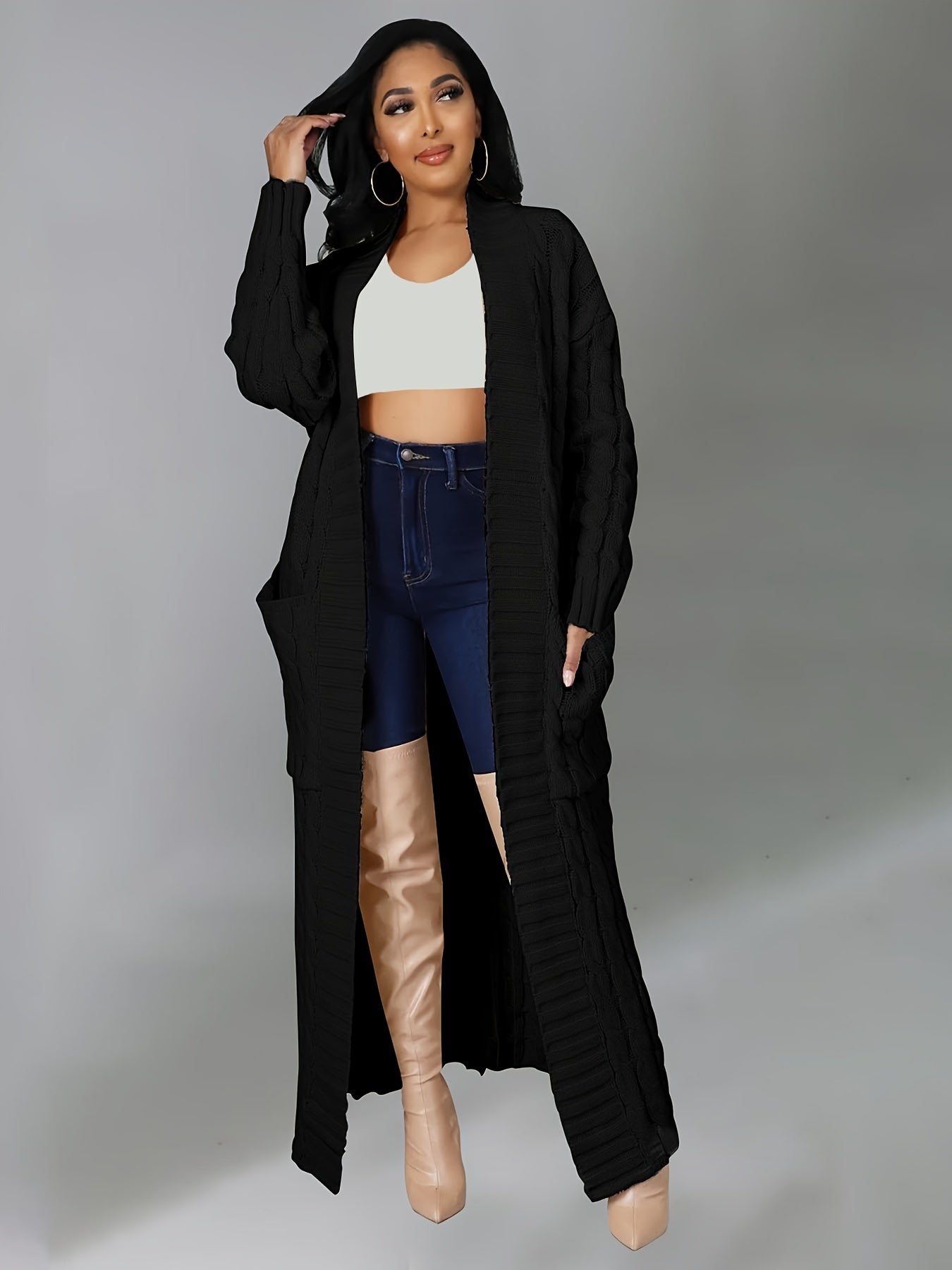 Plus Size Solid Jacquard Longline Cardigan, Women's Plus Medium Stretch Elegant Sweater Cardigan