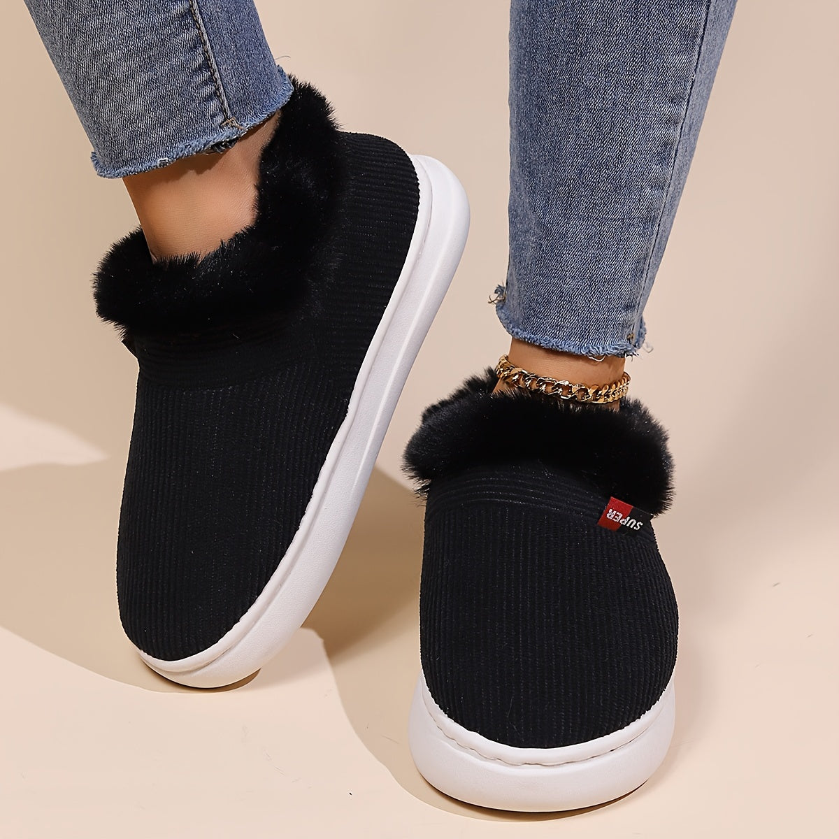 Ultra Soft Cozy Fuzzy House Slippers - Winter Warm Plush Lined Shoes for Men and Women - Cozy Corduroy Slip On Slippers with Fleece Lining for Cold Weather