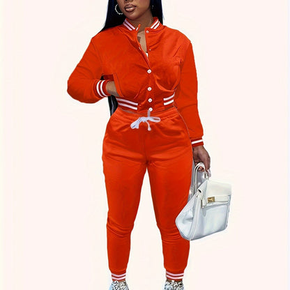 Casual Two-piece Set, Button Front Bomber Jacket & Drawstring Pants Outfits, Women's Clothing