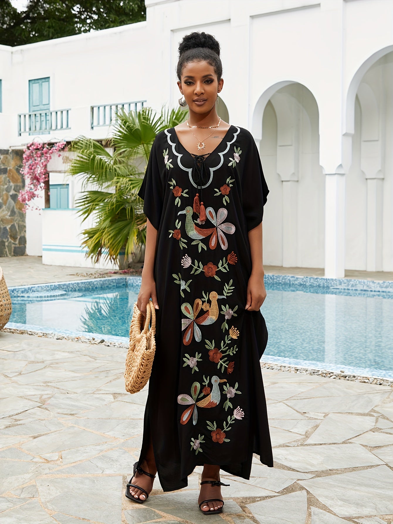 Bohemian Golden Embroidered Plus Size Maxi Dress with Bat Sleeves for Ramadan