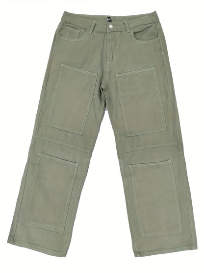 Retro Denim Men's Straight Leg Cargo Pants, Loose Baggy Pants Casual Outdoor Jeans Pants, Work Pants Hipster Streetwear Hiphop Rapper Style For Men