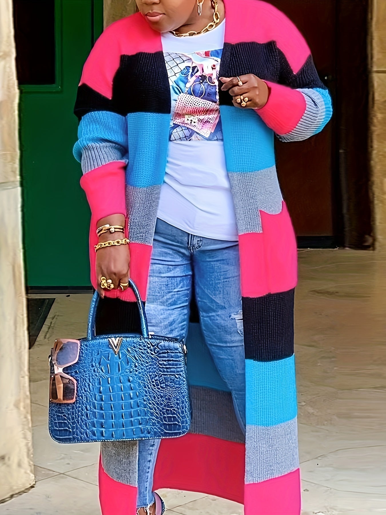 Long Sleeve Color Block Knit Cardigan - Stylish Open Front, Cozy Casual Sweater with Convenient Pockets, Perfect for Womens Everyday Wear