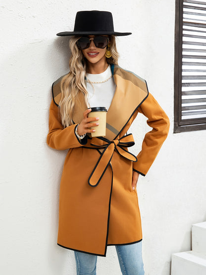 Waterfall Collar Contrast Trim Coat, Casual Open Front Long Sleeve Outerwear, Women's Clothing
