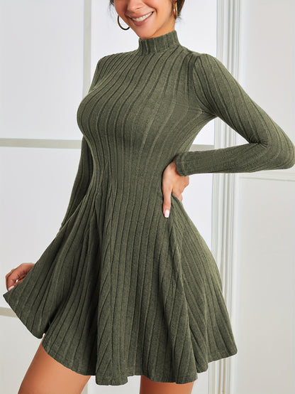 Solid Ribbed Dress, Casual Mock Neck Long Sleeve Dress, Women's Clothing
