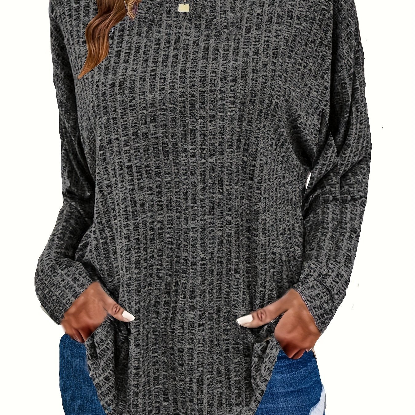 Plus Size Casual Sweater, Women's Plus Solid Ribbed Long Sleeve Round Neck Knit Top