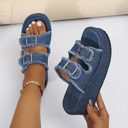 Stylish Womens Denim Platform Sandals - Square Open Toe, Buckle Strap, Slip-on, EVA Sole, Comfortable Strappy Back Slide Shoes for Summer Outdoor Activities