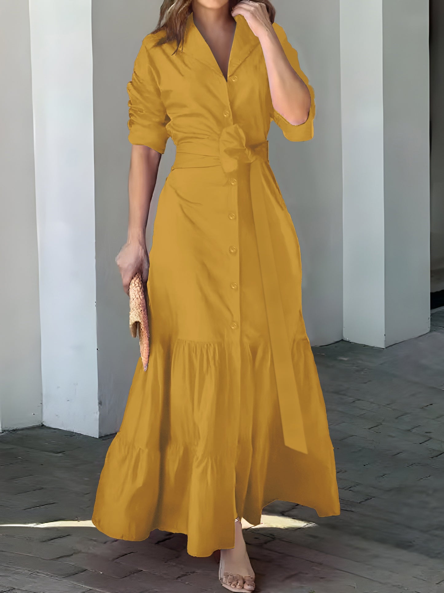 Stunning Ruffled Maxi Dress - Solid Button Front, Belted Waist, Elegant Ruched Sleeve, Flowy Design, Women's Clothing for Special Occasions