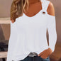 Solid Ring Detail Crew Neck T-Shirt, Casual Cold Shoulder Long Sleeve Top For Spring & Fall, Women's Clothing