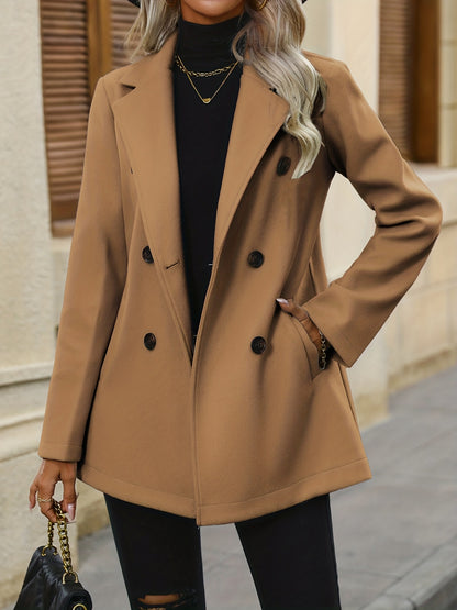 Elegant Double Breasted Long Sleeve Pea Coat - Women's Classic Outerwear with Pockets, Lapel Design, and Chic Style - Perfect for Winter and Formal Occasions