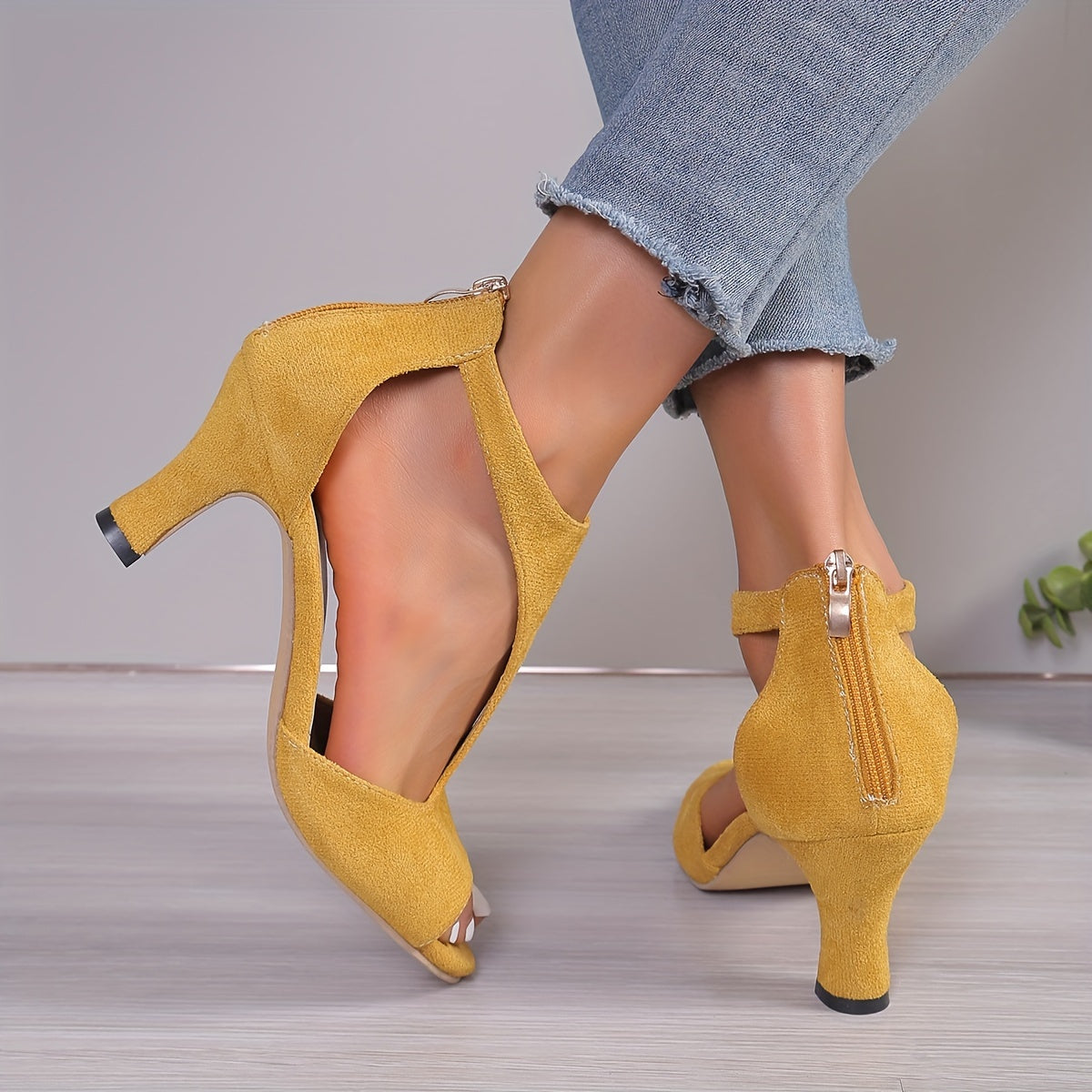 Chunky Heel Women's High Heels, Peep Toe T-strap Back Zipper Sandals, Fashion Black Shoes