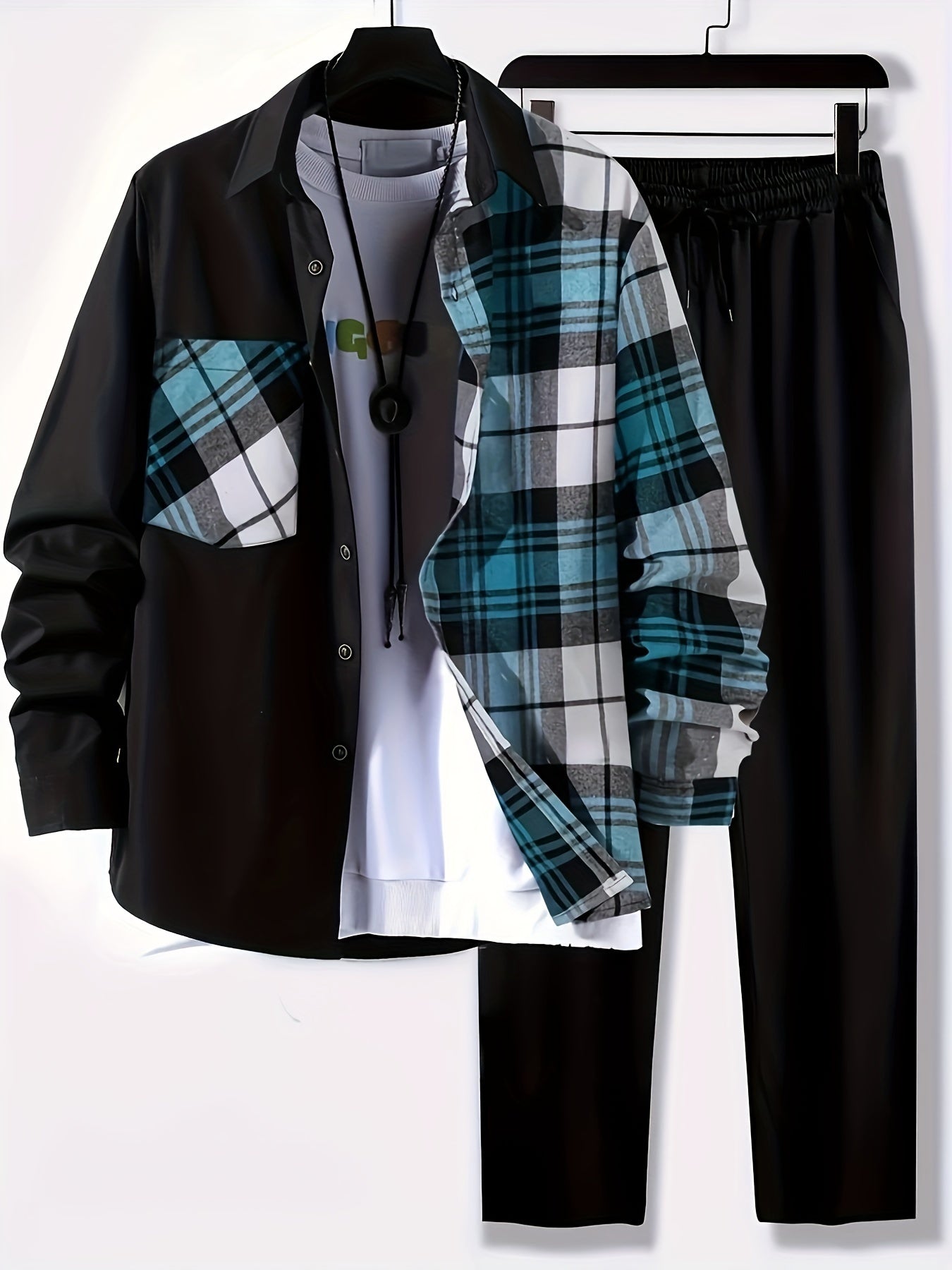 Plus Size Men's Plaid Shirt & Pants Set For Spring/autumn, Oversized Loose Fit 2Pcs Outfits For Workout/outdoor, Men's Clothing