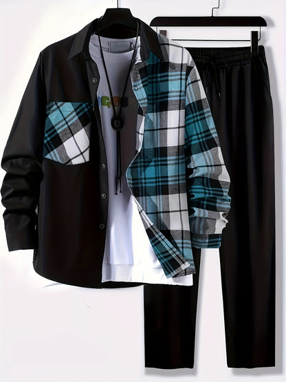 Plus Size Men's Plaid Shirt & Pants Set For Spring/autumn, Oversized Loose Fit 2Pcs Outfits For Workout/outdoor, Men's Clothing