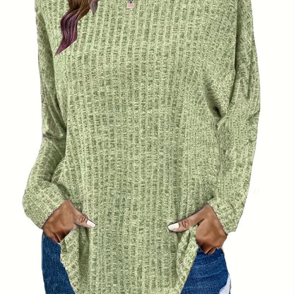Plus Size Casual Sweater, Women's Plus Solid Ribbed Long Sleeve Round Neck Knit Top