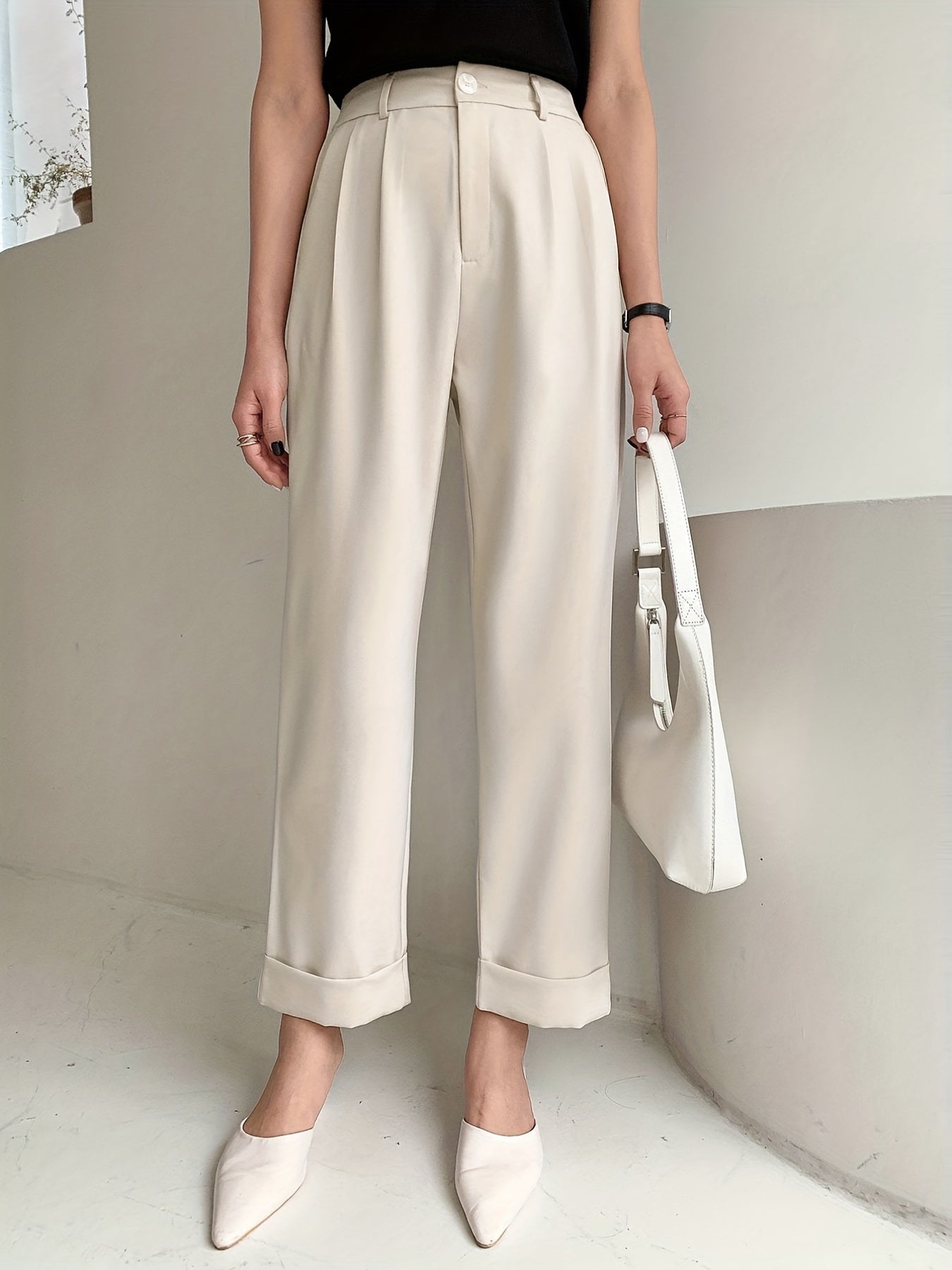 Chic Solid High Waist Pleated Pants - Flattering Draped Design, Straight Leg, Casual Style - Perfect for Womens Wardrobe