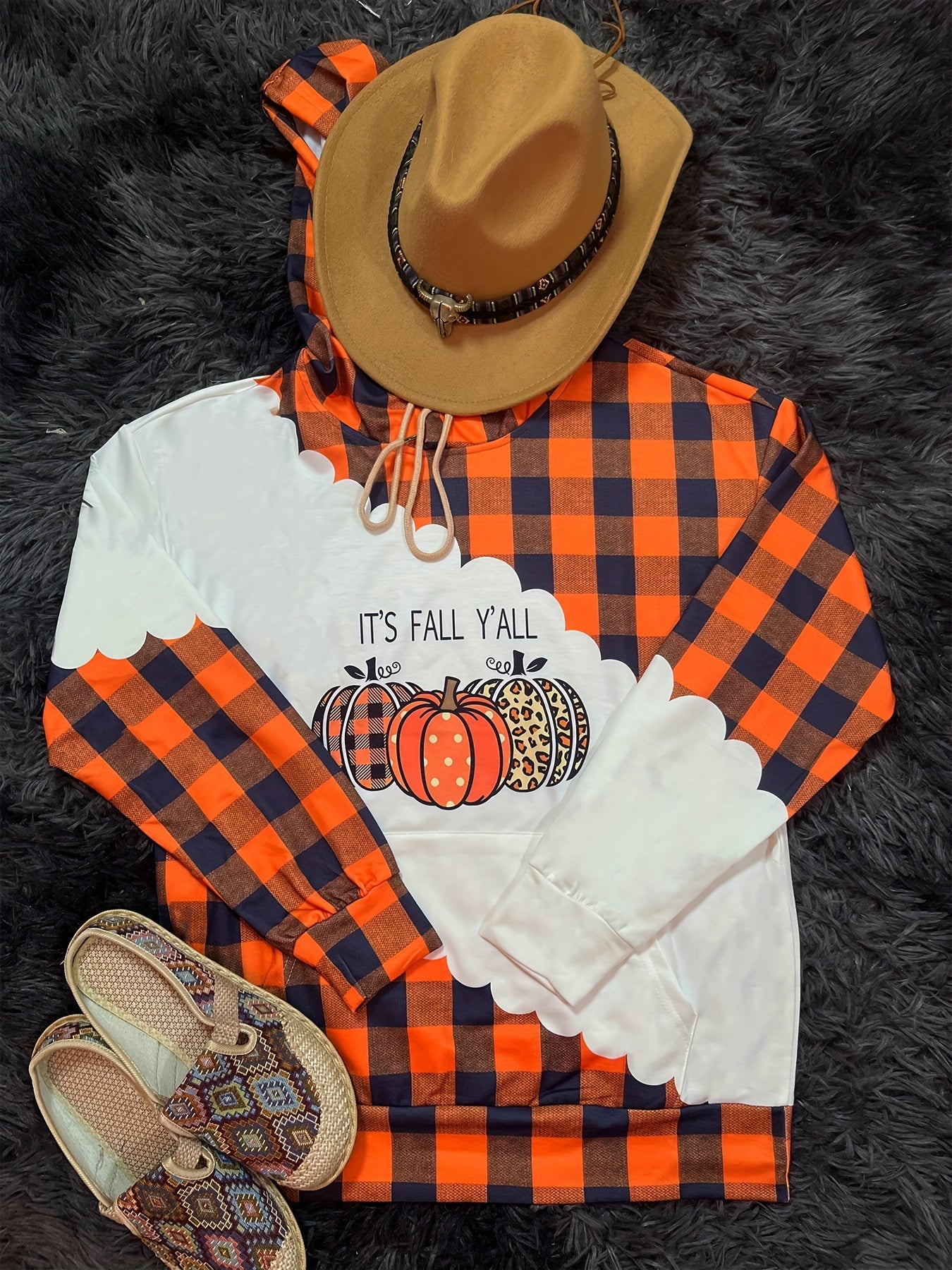 Halloween Pumpkin Print Kangaroo Pocket Hoodie, Vintage Long Sleeve Drawstring Hoodies Sweatshirt, Women's Clothing