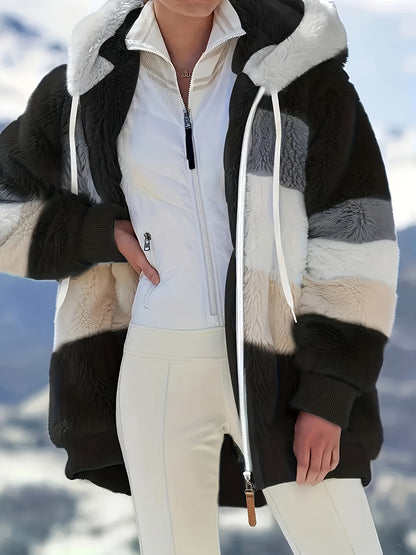 Ultra-Soft Color Block Fuzzy Hooded Coat - Stylish Winter Warm Outerwear with Full-Length Sleeves - Perfect for Casual Wear - Womens Clothing