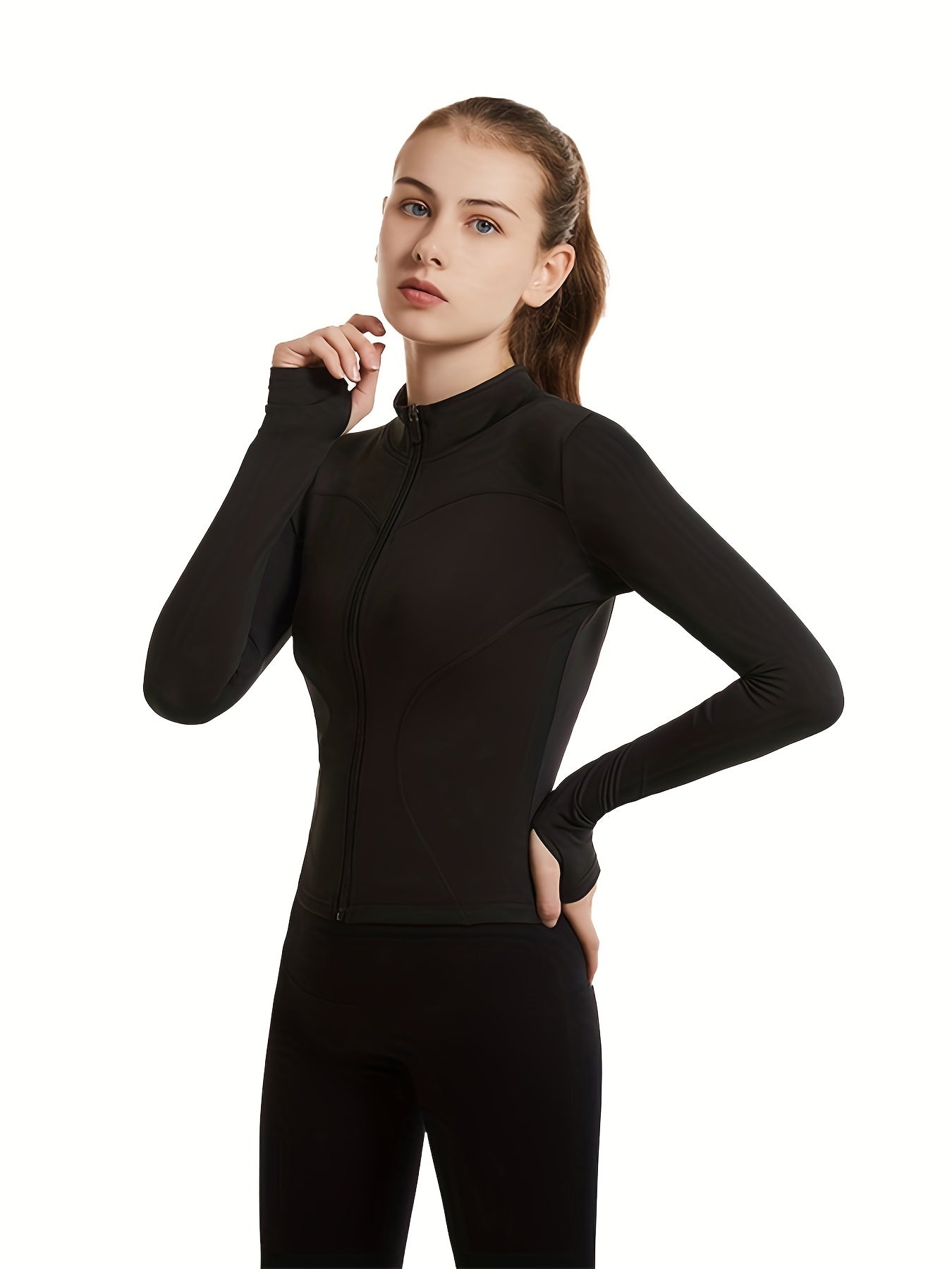 Plus Size Sports Top, Women's Plus Zip Up Long Sleeve Medium Stretch Slim Fit Running Jacket