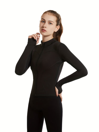Plus Size Sports Top, Women's Plus Zip Up Long Sleeve Medium Stretch Slim Fit Running Jacket