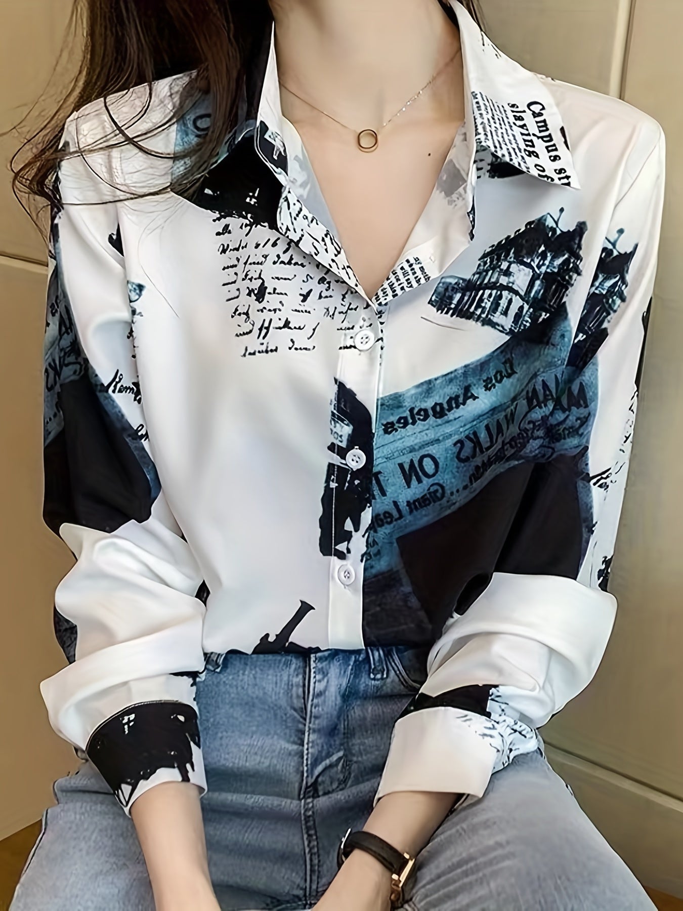 Chic Vintage-Inspired Women's Long Sleeve Blouse - Casual Polyester Chiffon Shirt with Unique Newspaper Print, Machine Washable, Perfect for Spring/Fall
