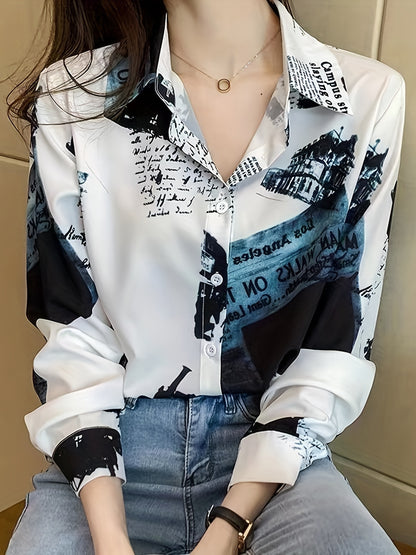 Chic Vintage-Inspired Women's Long Sleeve Blouse - Casual Polyester Chiffon Shirt with Unique Newspaper Print, Machine Washable, Perfect for Spring/Fall