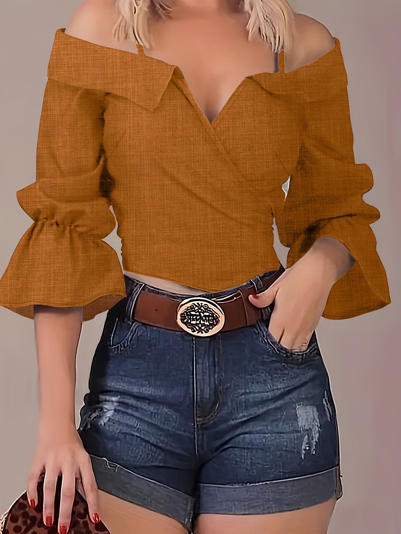 Solid Spaghetti Strap Blouse, Casual Bell Sleeve Surplice Neck Blouse, Women's Clothing