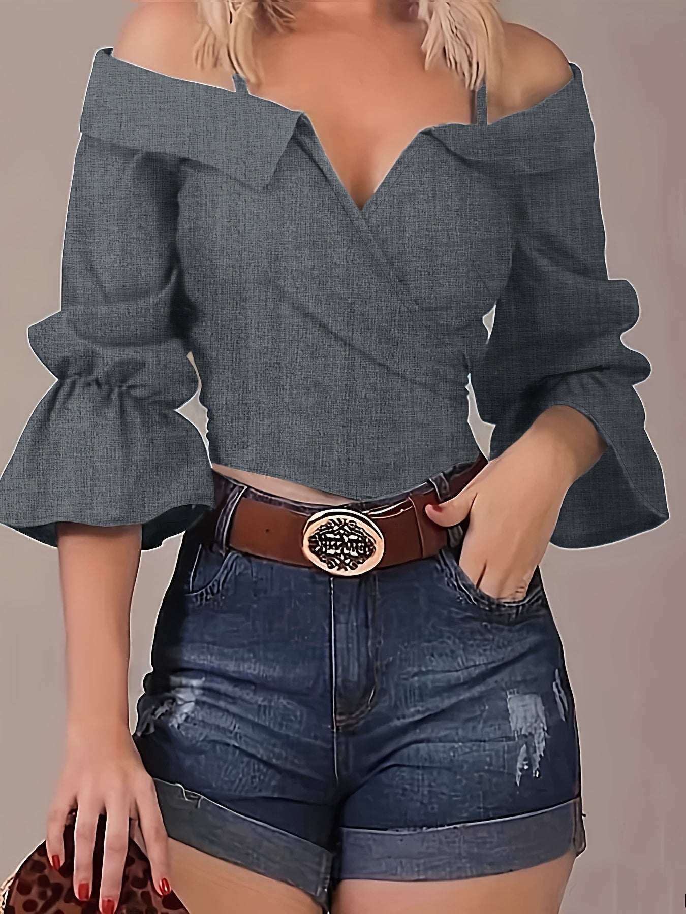 Solid Spaghetti Strap Blouse, Casual Bell Sleeve Surplice Neck Blouse, Women's Clothing