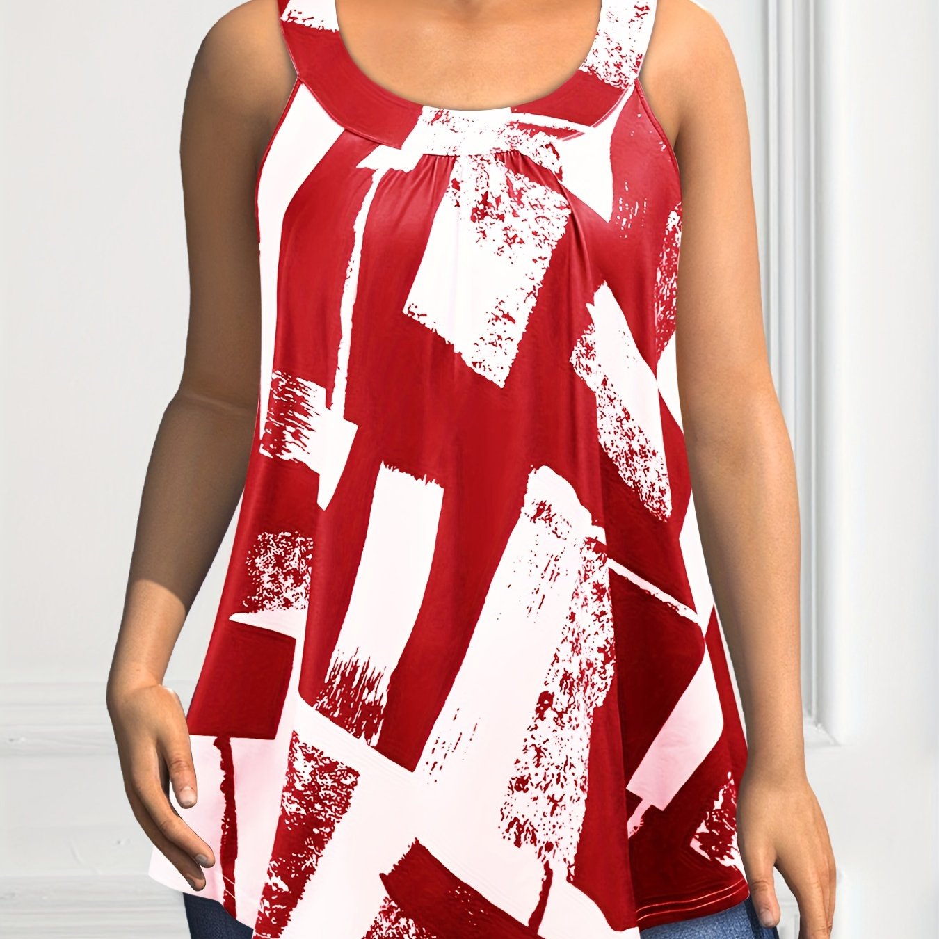 Plus Size Round Neck Colorblock Curved Hem Casual Tank Top