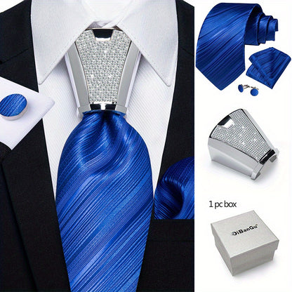 [For Business Silvery Necktie Set] Men's Necktie Silvery Ring & Handkerchief & Cufflinks Set For Business Accessories With Gift Box