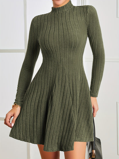 Solid Ribbed Dress, Casual Mock Neck Long Sleeve Dress, Women's Clothing