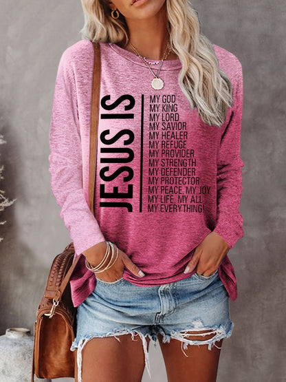 Jesus Print Crew Neck T-shirt, Casual Long Sleeve Top For Spring & Fall, Women's Clothing