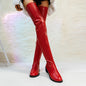 [Thigh High Chunky Heel Boots] Women's Chunky Heel Thigh High Boots, Solid Color Zipper Round Toe Shoes, PU Leather Footwear