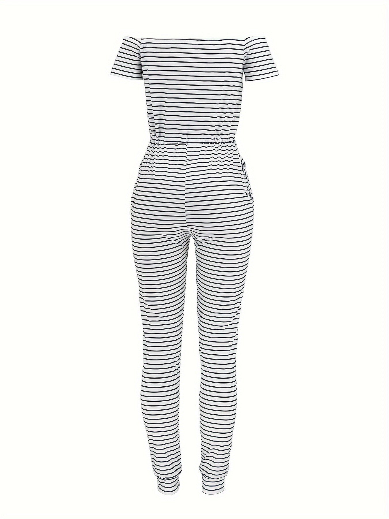 Striped Off Shoulder Drawstring Jumpsuit, Casual Short Sleeve Slim Jumpsuit For Spring & Summer, Women's Clothing