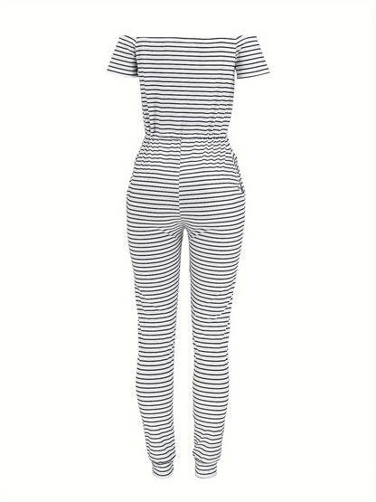 Striped Off Shoulder Drawstring Jumpsuit, Casual Short Sleeve Slim Jumpsuit For Spring & Summer, Women's Clothing