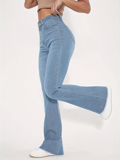 High-Rise Blue Raw Hem Flare Jeans - Slim Fit Bell Bottoms for Women - High-Stretch Denim Clothing with Trendy Style
