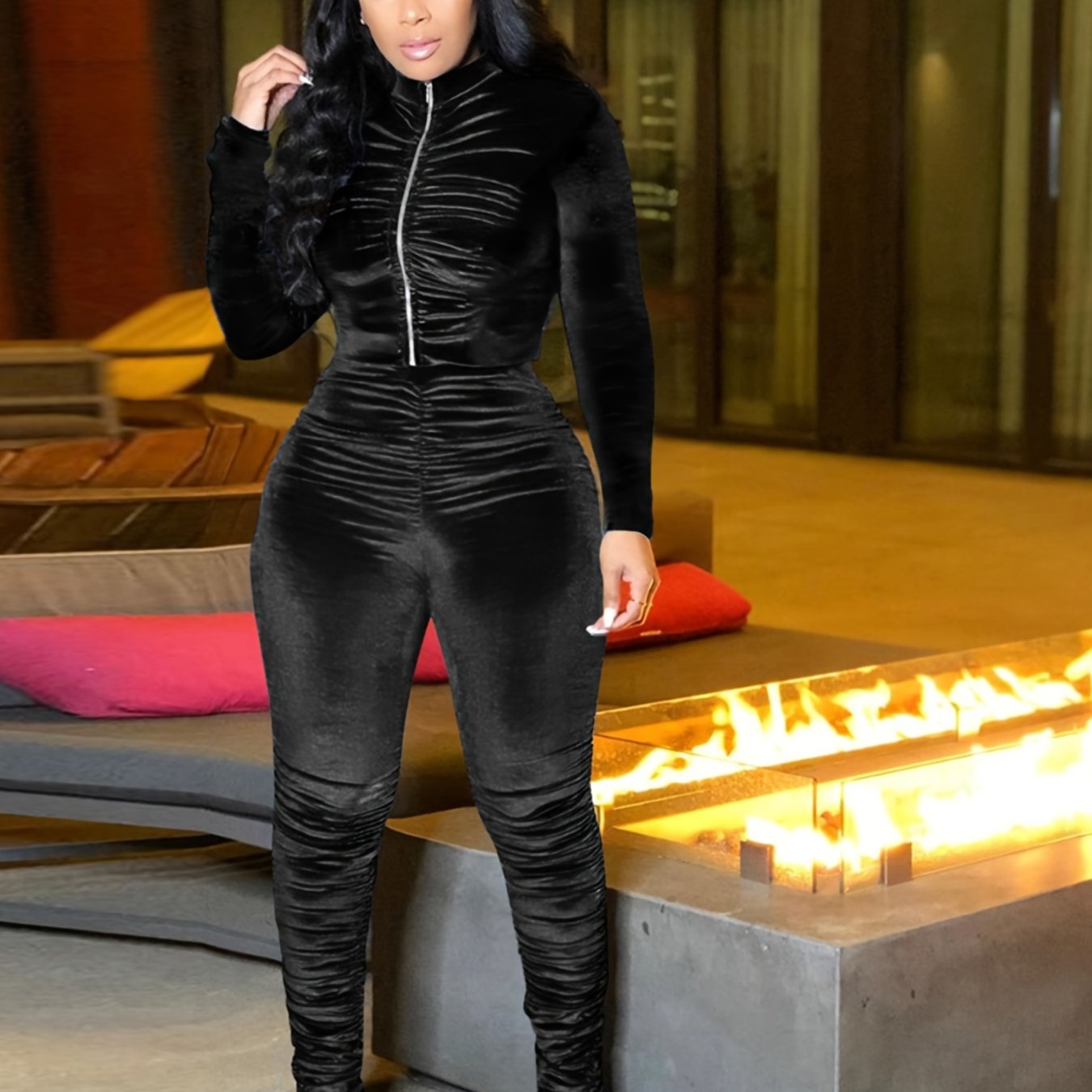 Two-Piece Long Sleeve Crop Top & High Waist Ruched Ruffle Pants Set - Soft Polyester Knit Fabric, Mid Elasticity, Placket Closure, Solid Color - Casual Wear for Women