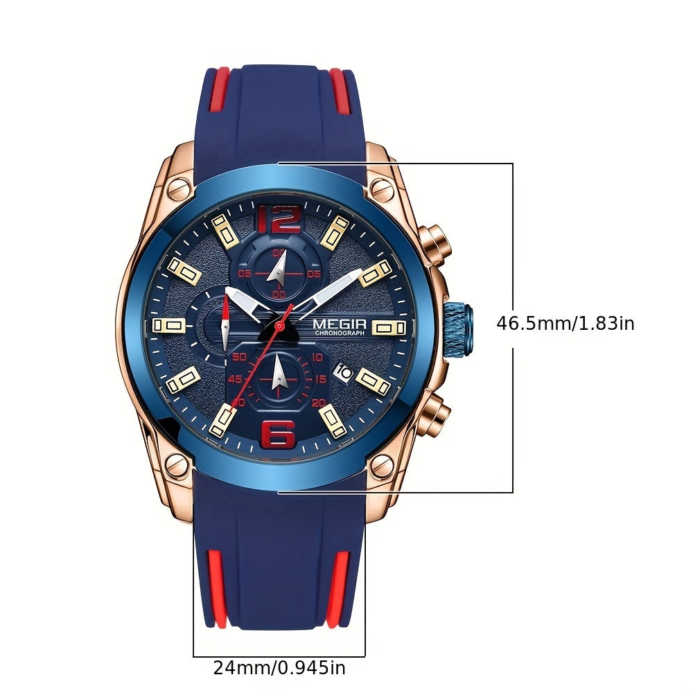 Megir Men's Chronograph Analog Quartz Watch - Date Function, Luminous Display, Soft Silicone Rubber Strap, Stylish Wristwatch Ideal for Gifts, Everyday Wear