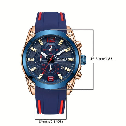 Megir Men's Chronograph Analog Quartz Watch - Date Function, Luminous Display, Soft Silicone Rubber Strap, Stylish Wristwatch Ideal for Gifts, Everyday Wear