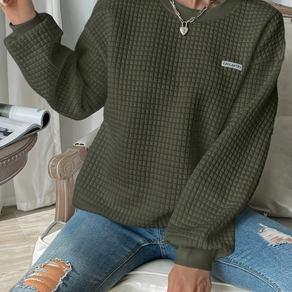 Waffle Loose Sweatshirt, Casual Long Sleeve Crew Neck Sweatshirt, Women's Clothing