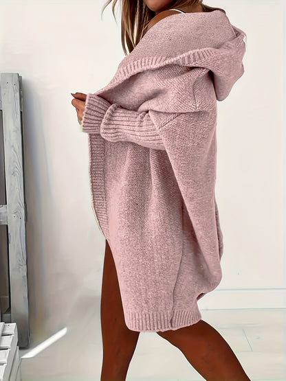 Plus Size Casual Cardigan, Women's Plus Solid Stitching Long Sleeve Hooded Open Front Slight Stretch Sweater Cardigan