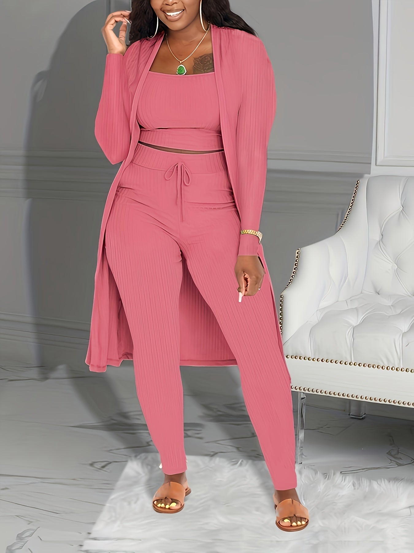 Casual Ribbed 3pcs Set, Crop Tank Top + High Waist Drawstring Pants + Longline Cardigan Outfits, Women's Clothing