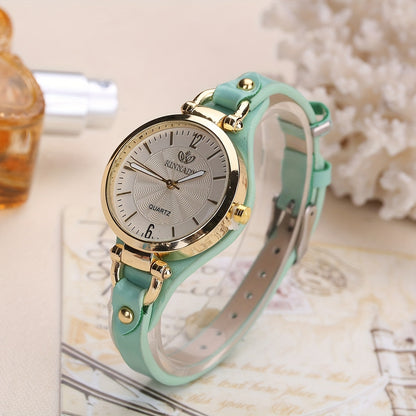 Elegant Quartz Ladies Watch - Boho Chic Leather Strap, Japanese Movement, Shock-Resistant with Stud Embellishments