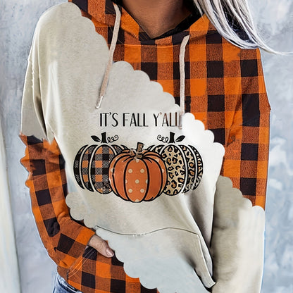 Halloween Pumpkin Print Kangaroo Pocket Hoodie, Vintage Long Sleeve Drawstring Hoodies Sweatshirt, Women's Clothing