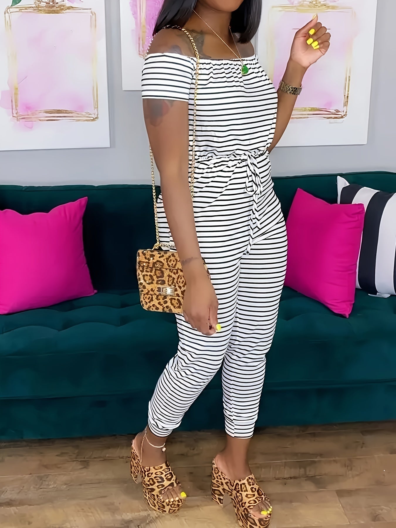 Striped Off Shoulder Drawstring Jumpsuit, Casual Short Sleeve Slim Jumpsuit For Spring & Summer, Women's Clothing