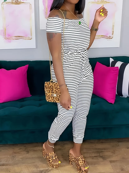 Striped Off Shoulder Drawstring Jumpsuit, Casual Short Sleeve Slim Jumpsuit For Spring & Summer, Women's Clothing
