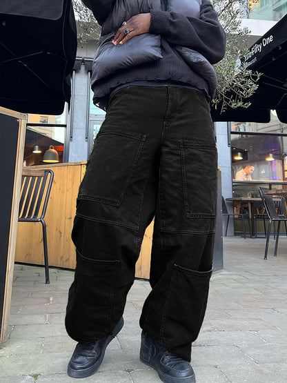 Retro Denim Men's Straight Leg Cargo Pants, Loose Baggy Pants Casual Outdoor Jeans Pants, Work Pants Hipster Streetwear Hiphop Rapper Style For Men