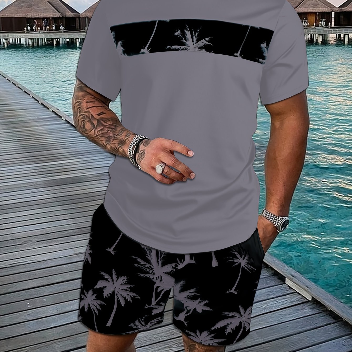 2Pcs Men's Tropical Coconut Tree Print Casual Outfits - Crew Neck Short Sleeve T-shirt & Drawstring Shorts Set - For Summer Vacation & Resorts - Men's Clothing