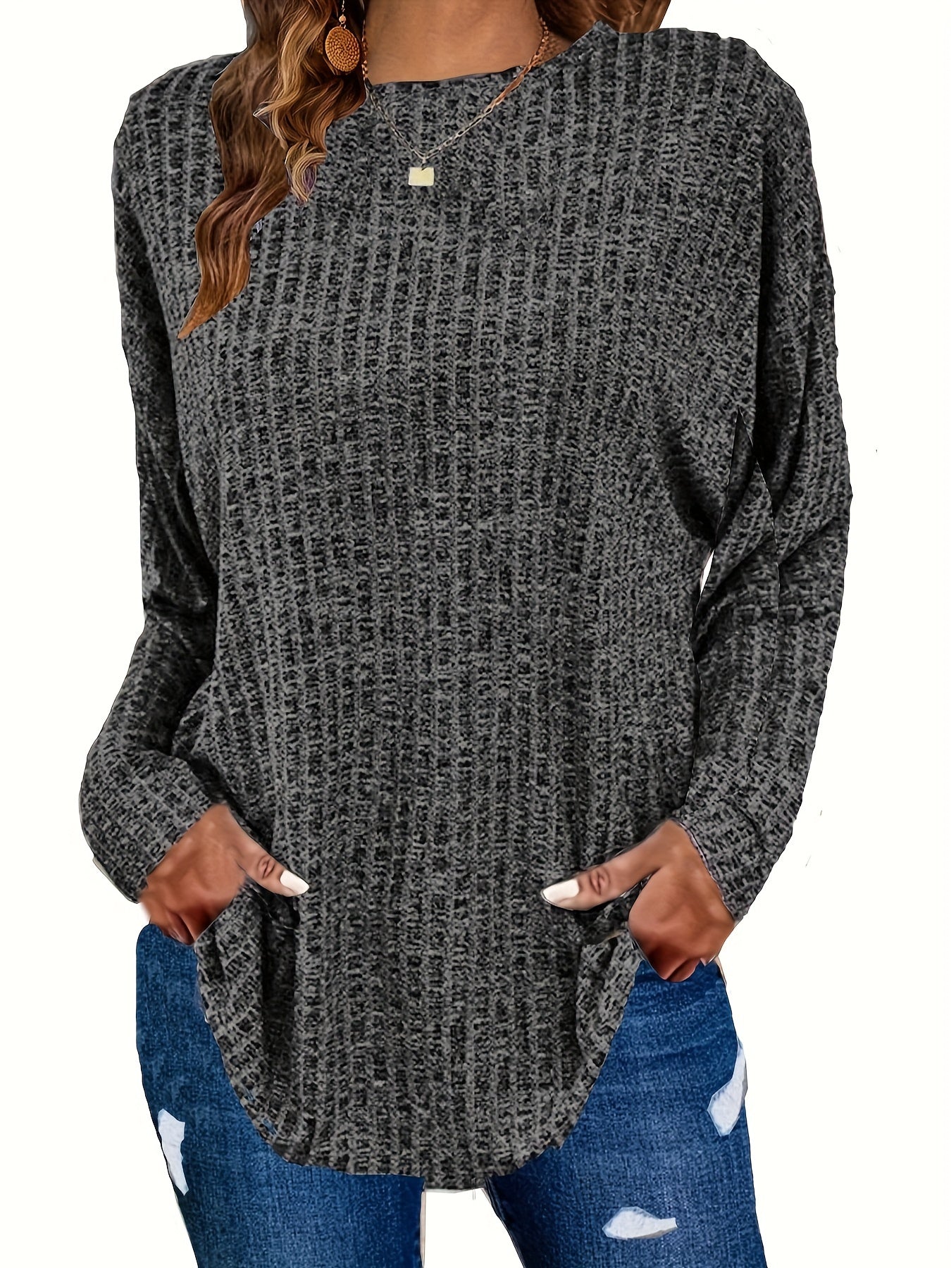 Plus Size Casual Sweater, Women's Plus Solid Ribbed Long Sleeve Round Neck Knit Top