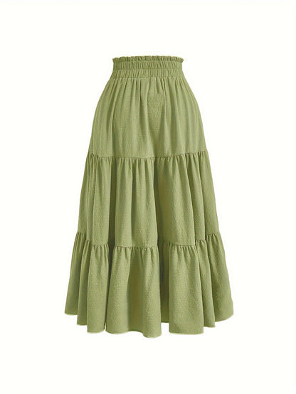 Solid Tie Waist Tiered Skirt, Casual Elastic Waist Skirt For Spring & Fall, Women's Clothing